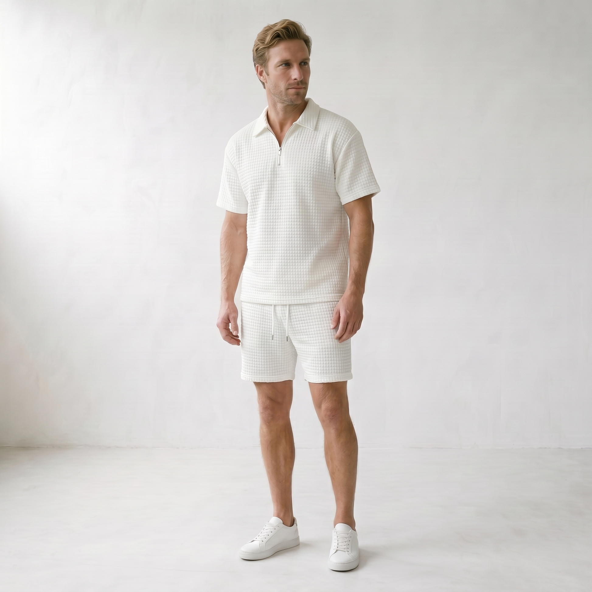 Sundrel Gerald Half-Zip Polo Shorts Set - 02 model three quarter white
