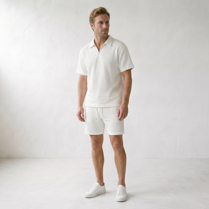 Sundrel Gerald Half-Zip Polo Shorts Set - 02 model three quarter white
