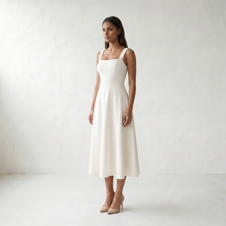 Women’s Dress Midi A-line Square Neck - 02 model threequarter white no studio tag