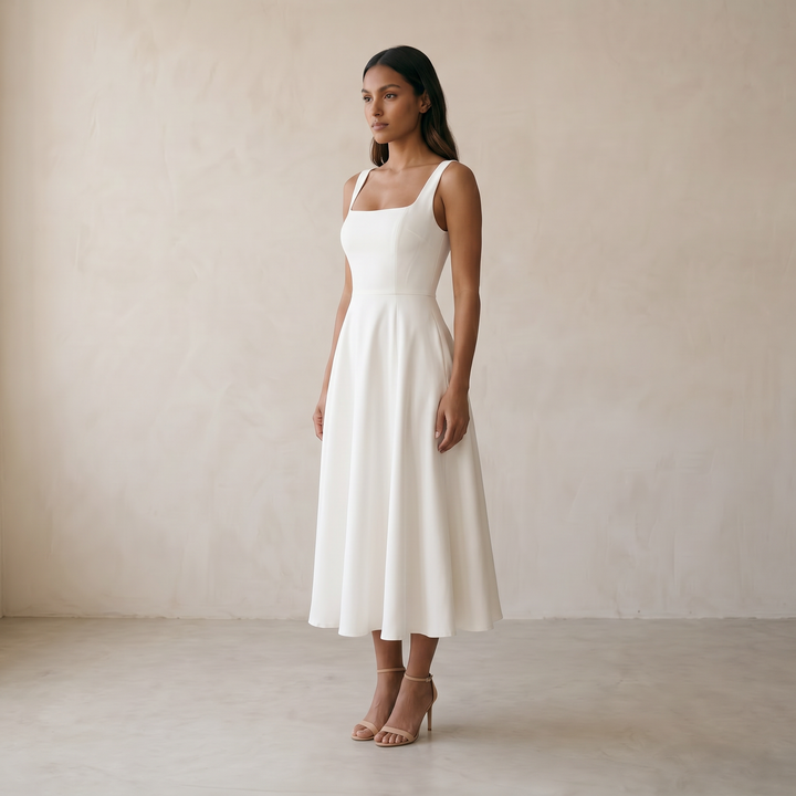 Women’s Dress Sleeveless A-line Flattering Silhouette - 02 model threequarter white no studio tag