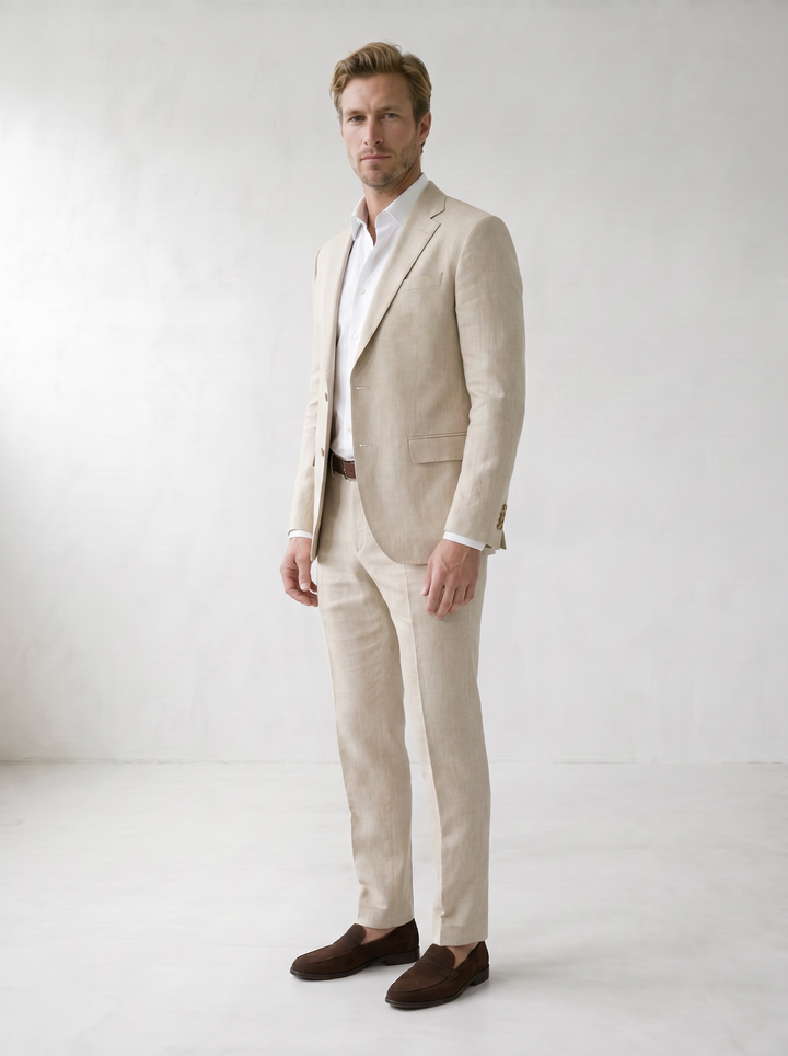 Sundrel master workflow Linen-Blend Wedding Suit Set - 02_suit_beige_model_three_quarter