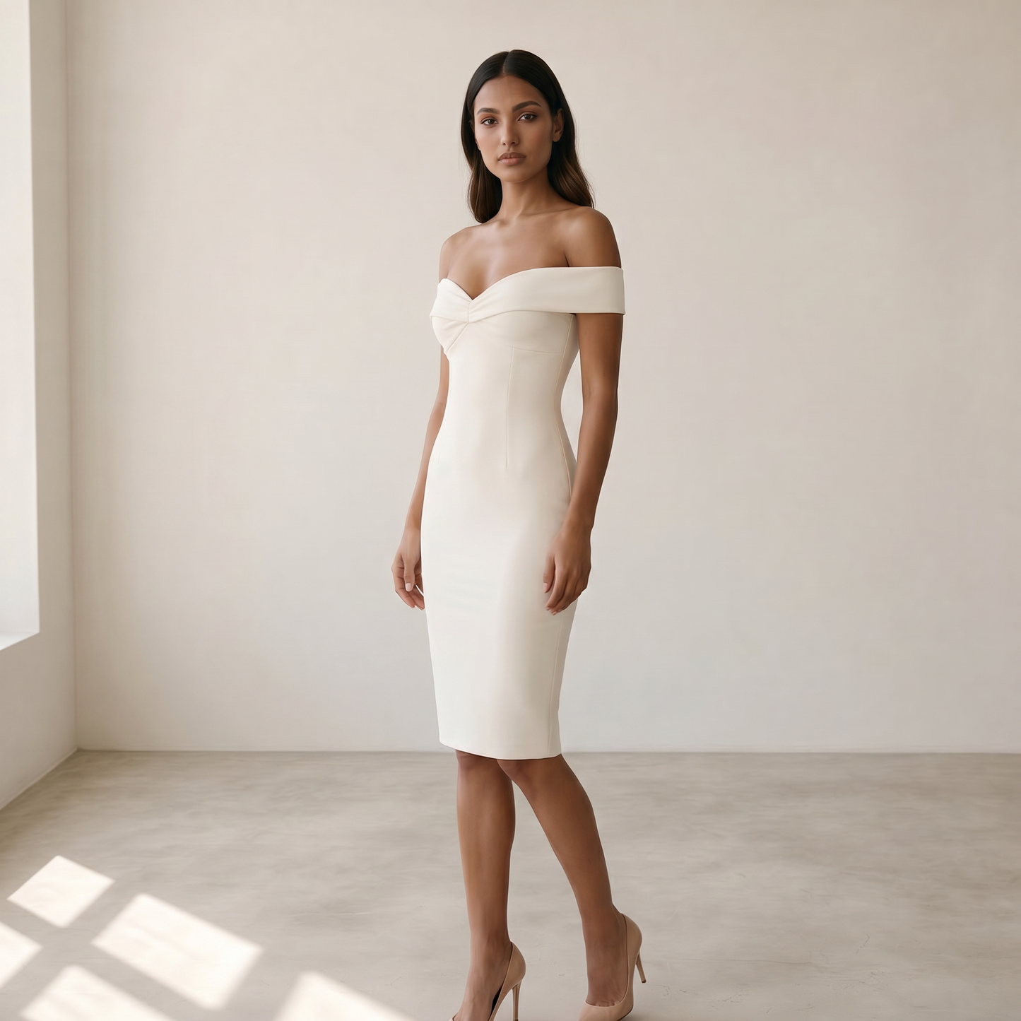 Women’s Dress Off-Shoulder Figure-Closing Design - 02 white model side