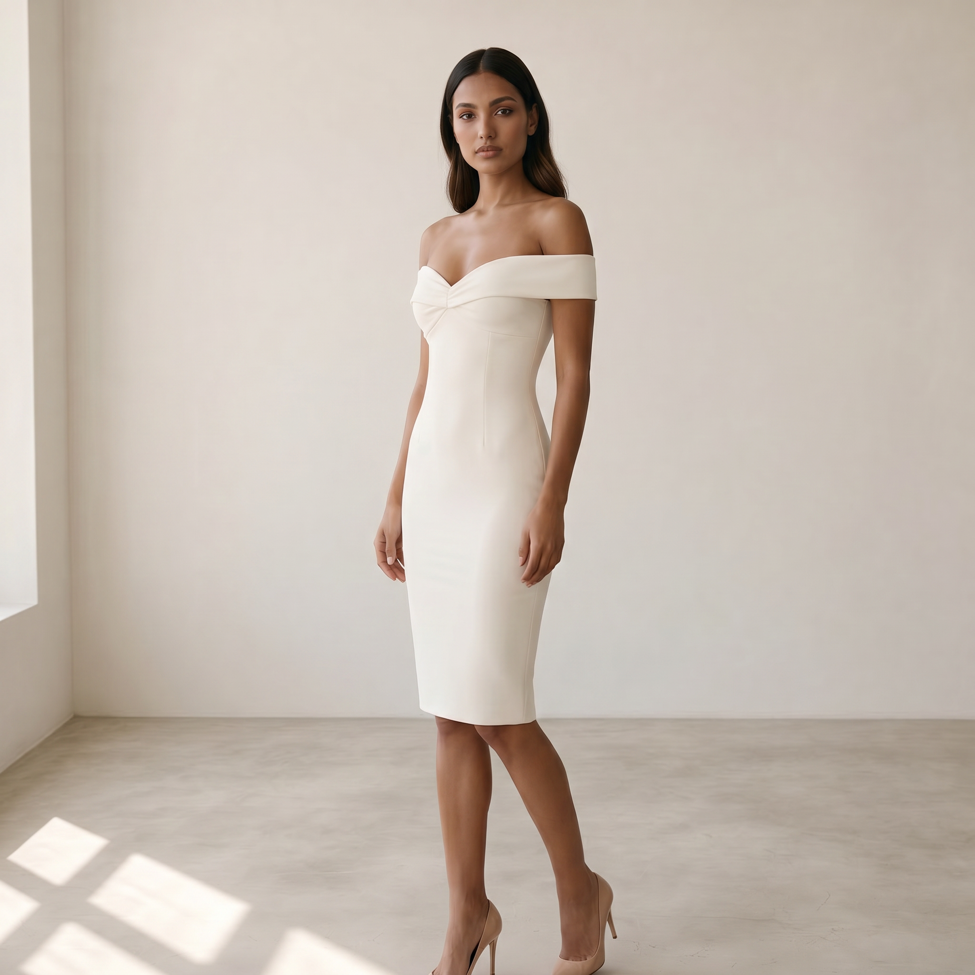 Women’s Dress Off-Shoulder Figure-Closing Design - 02 white model side