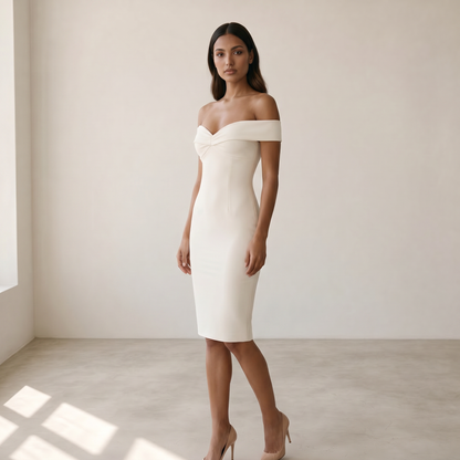 Women’s Dress Off-Shoulder Figure-Closing Design - 02 white model side