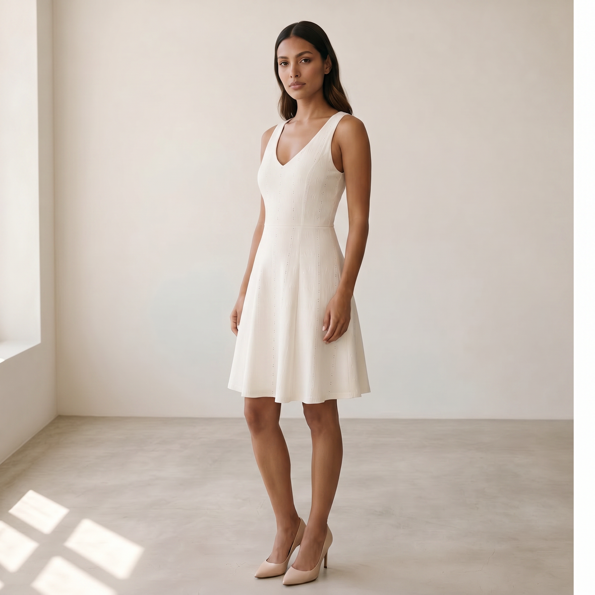 Women’s Summer Dress A-line V-neck - 02 white model side