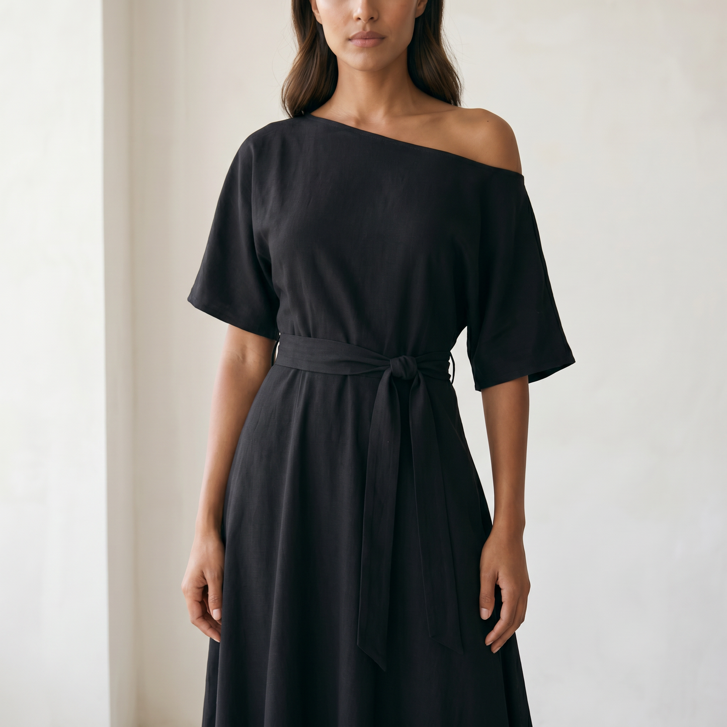 Women’s Midi Dress Off-Shoulder A-line - 03 black model detail