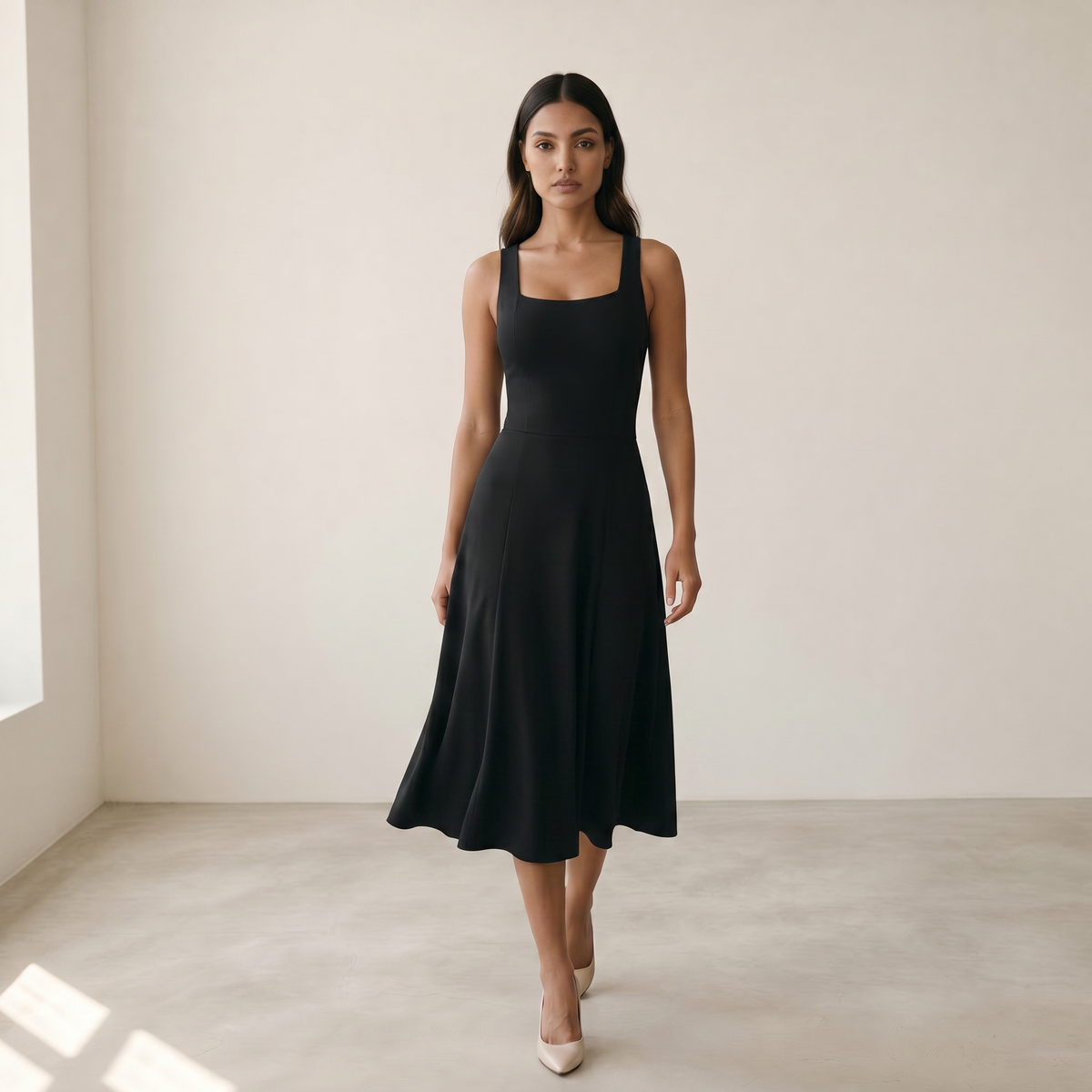 Women’s Midi Dress Square Neckline - 03 black model walking
