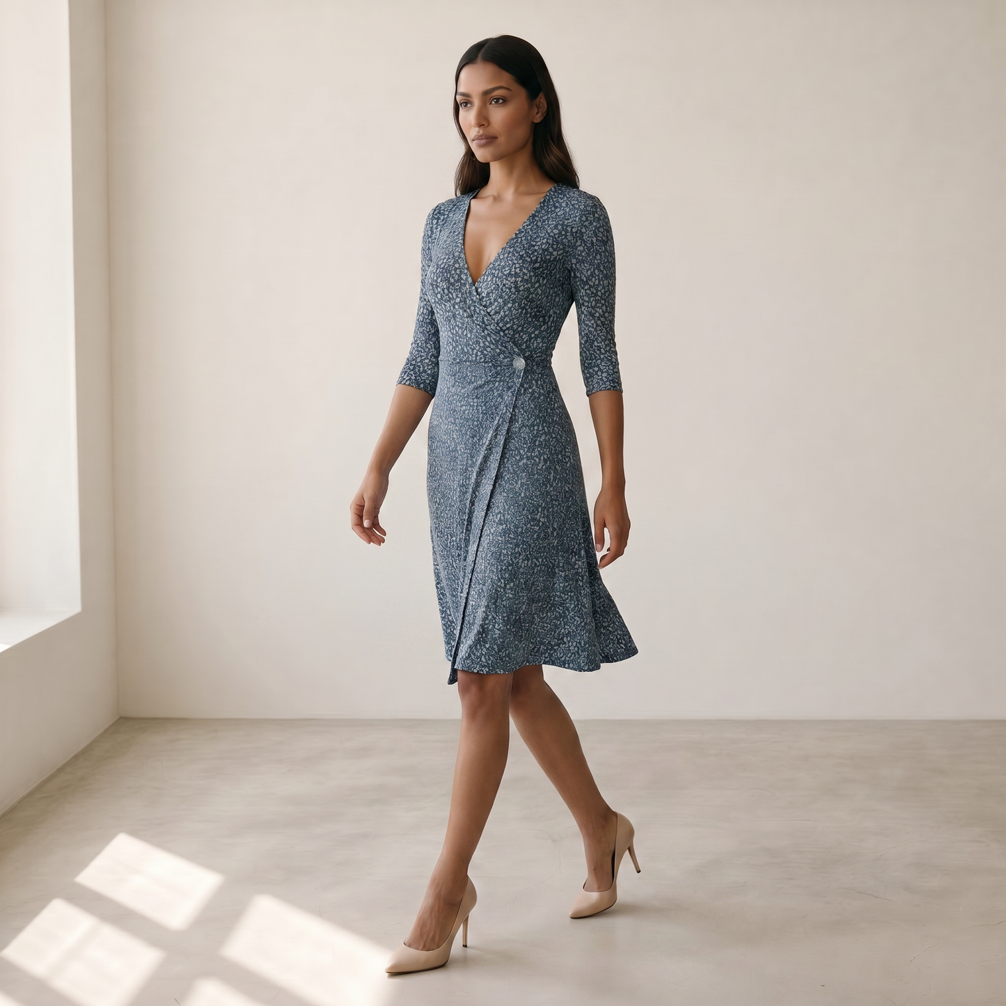 Women’s Dress Wrap V-Neck Floral - 03 blue model walking