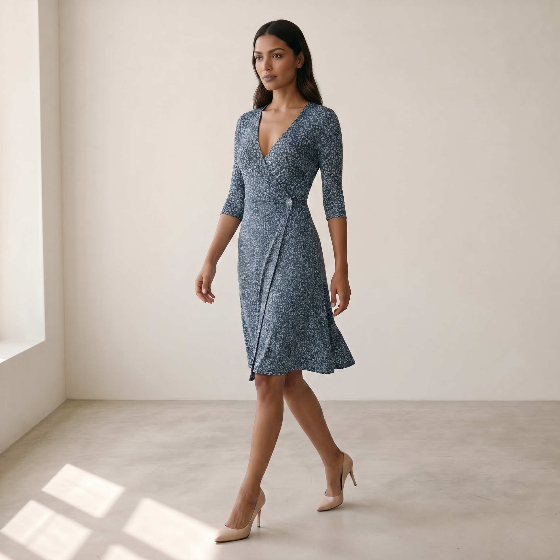 Women’s Dress Wrap V-Neck Floral - 03 blue model walking