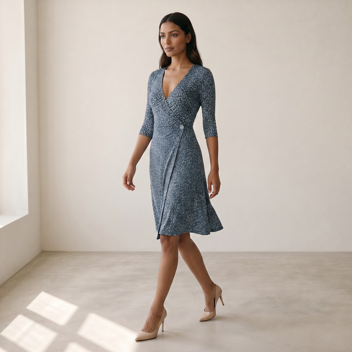 Women’s Dress Wrap V-Neck Floral - 03 blue model walking