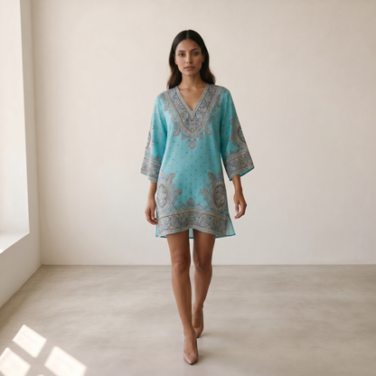 Women’s Summer Dress V-Neck Three-Quarter Sleeves - 03 blue model walking
