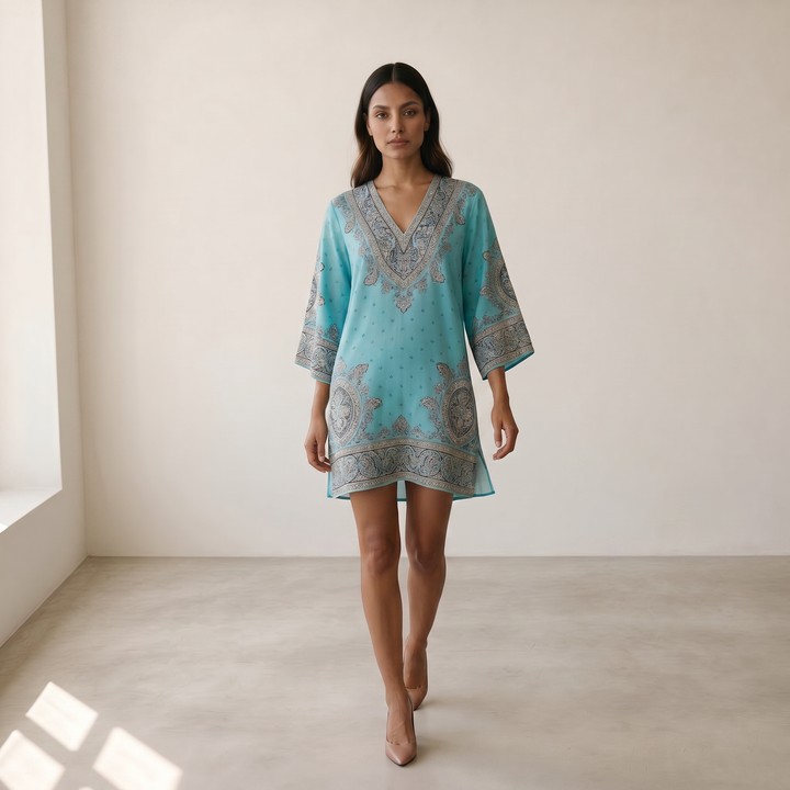 Women’s Summer Dress V-Neck Three-Quarter Sleeves - 03 blue model walking