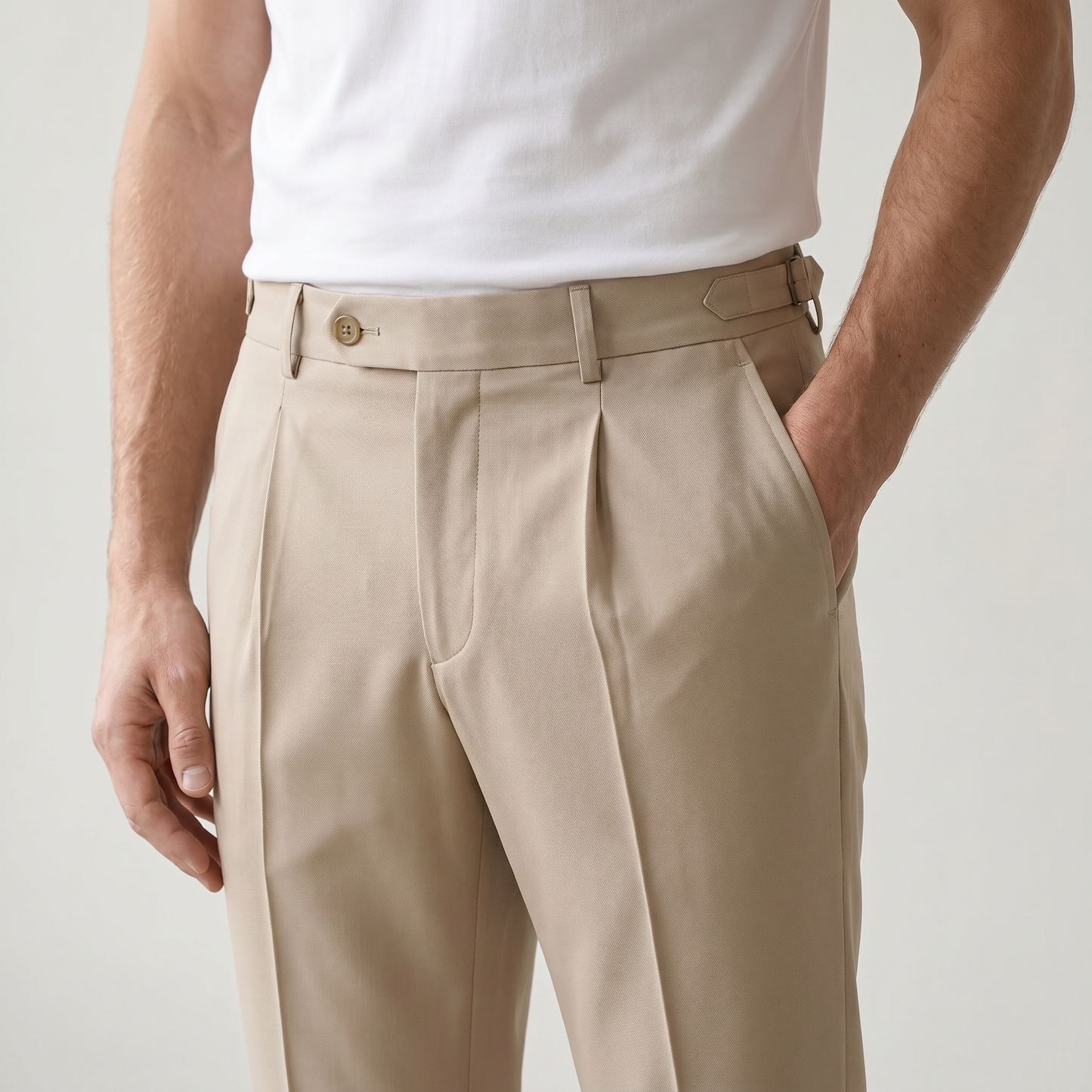 Men’s Tailored Fit Pleated Trousers - Detail close-up - Beige