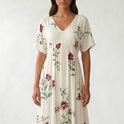 Floral V-Neck Maxi Summer Dress - Detail close-up - White