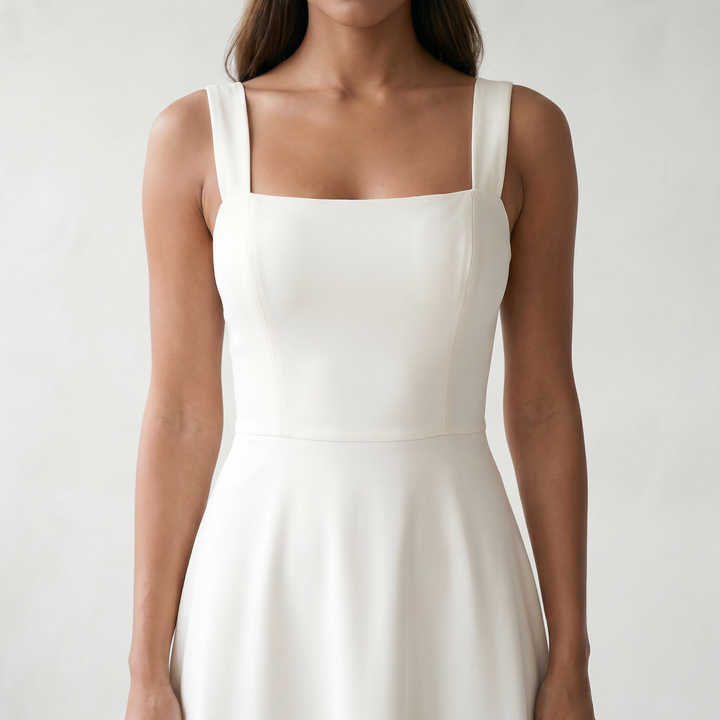 Women’s Dress Midi A-line Square Neck - 03 model detail white no studio tag