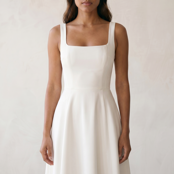 Women’s Dress Sleeveless A-line Flattering Silhouette - 03 model detail white no studio tag