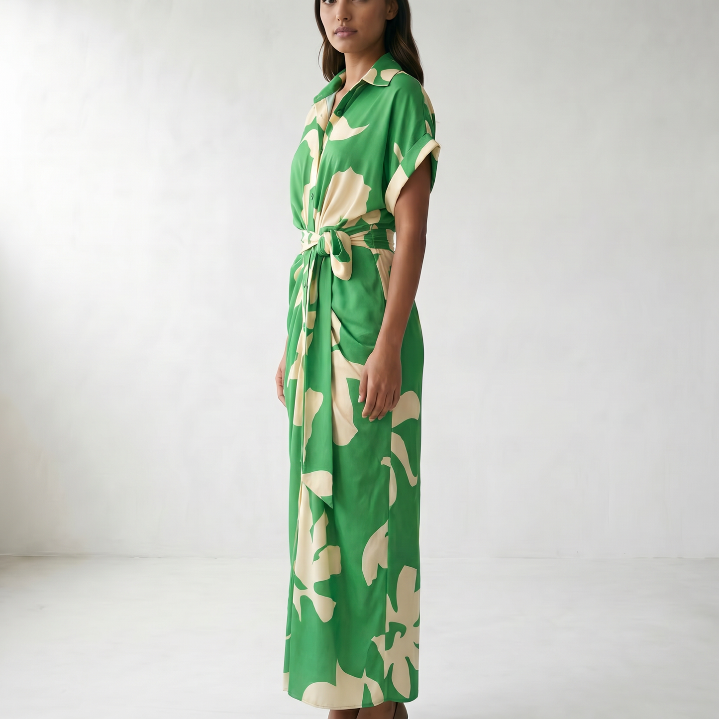 Addison Belted Abstract Maxi Shirt Dress - Green (Almost Sold Out)
