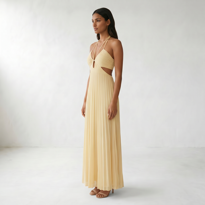 Pleated Halter Maxi Dress - Side model view - Light Canary