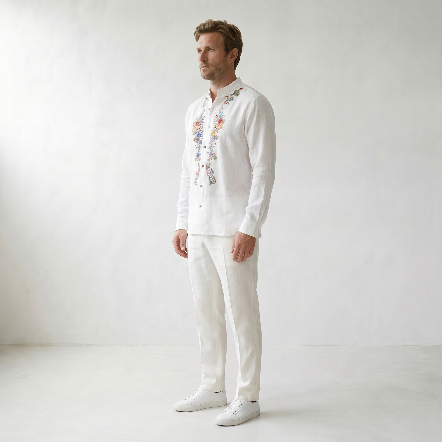 Sundrel Robert Embroidered Grandad Collar Linen Shirt - 03 model side white
