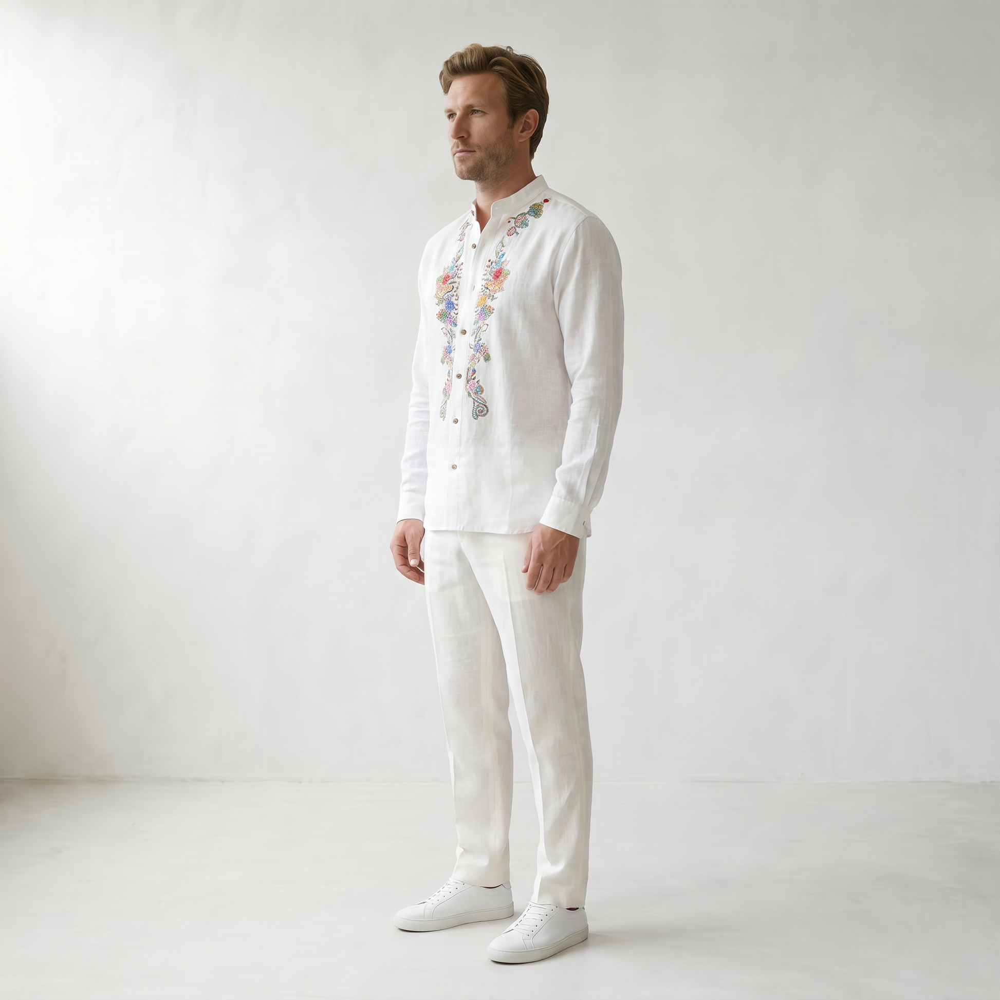Sundrel Robert Embroidered Grandad Collar Linen Shirt - 03 model side white