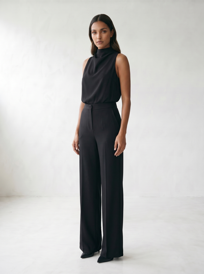 Saphirelle High Neck Wide-Leg Jumpsuit - model 03_model_three_quarter_pose_black