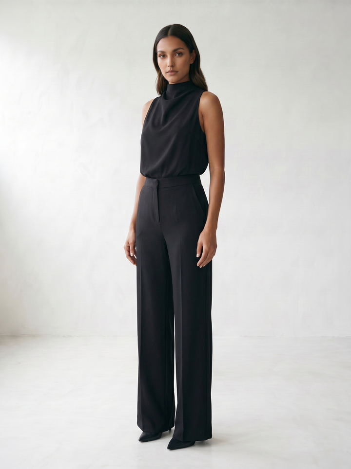 Saphirelle High Neck Wide-Leg Jumpsuit - model 03_model_three_quarter_pose_black