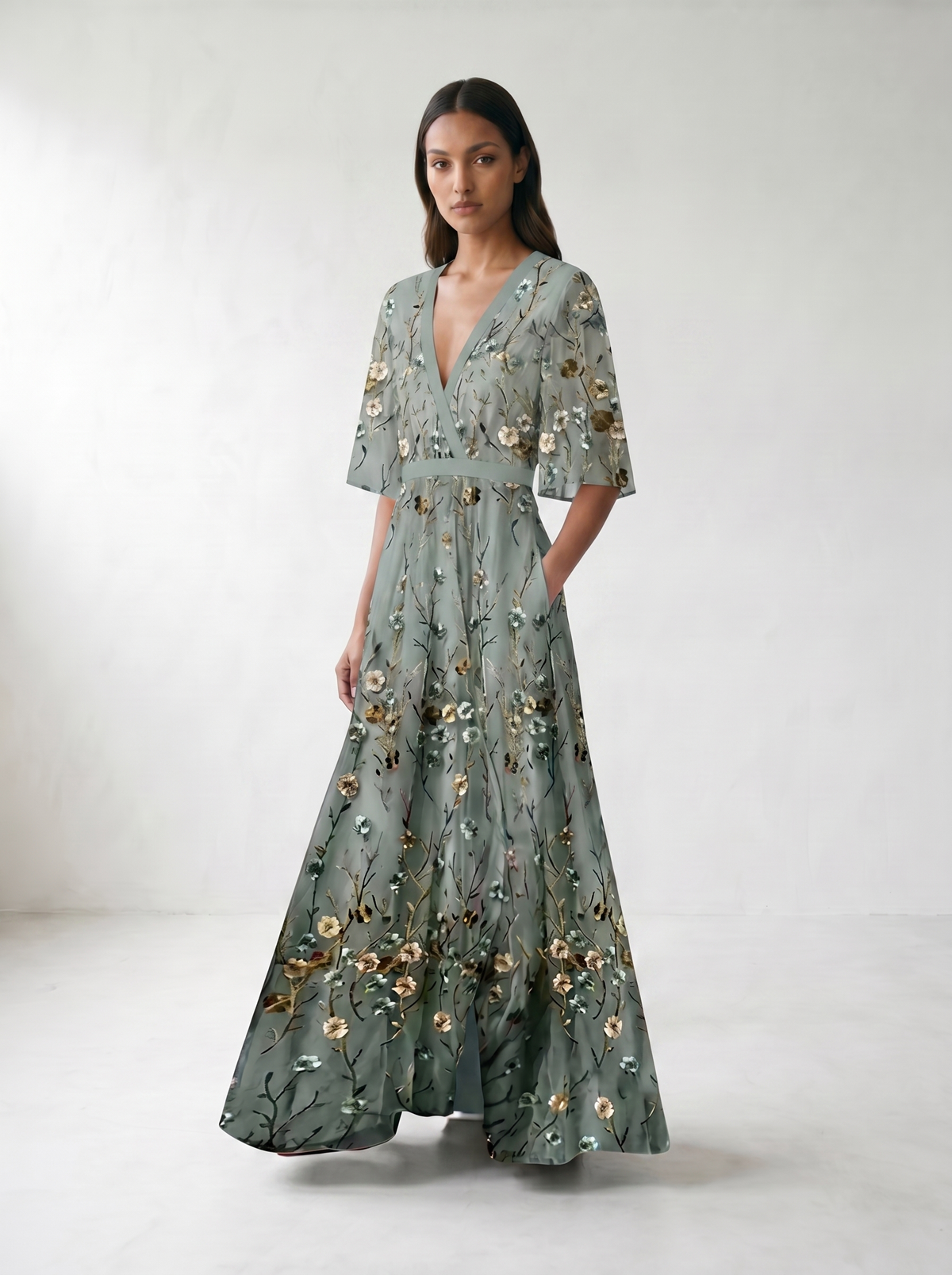Jill Floral V-Neck Maxi Dress - model 03_model_three_quarter_pose_blue