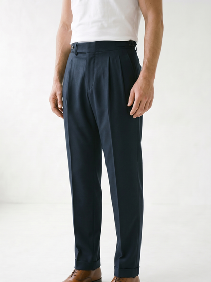 Vittorio Classic Fit Pleated Trousers - model 03_model_three_quarter_pose_navy