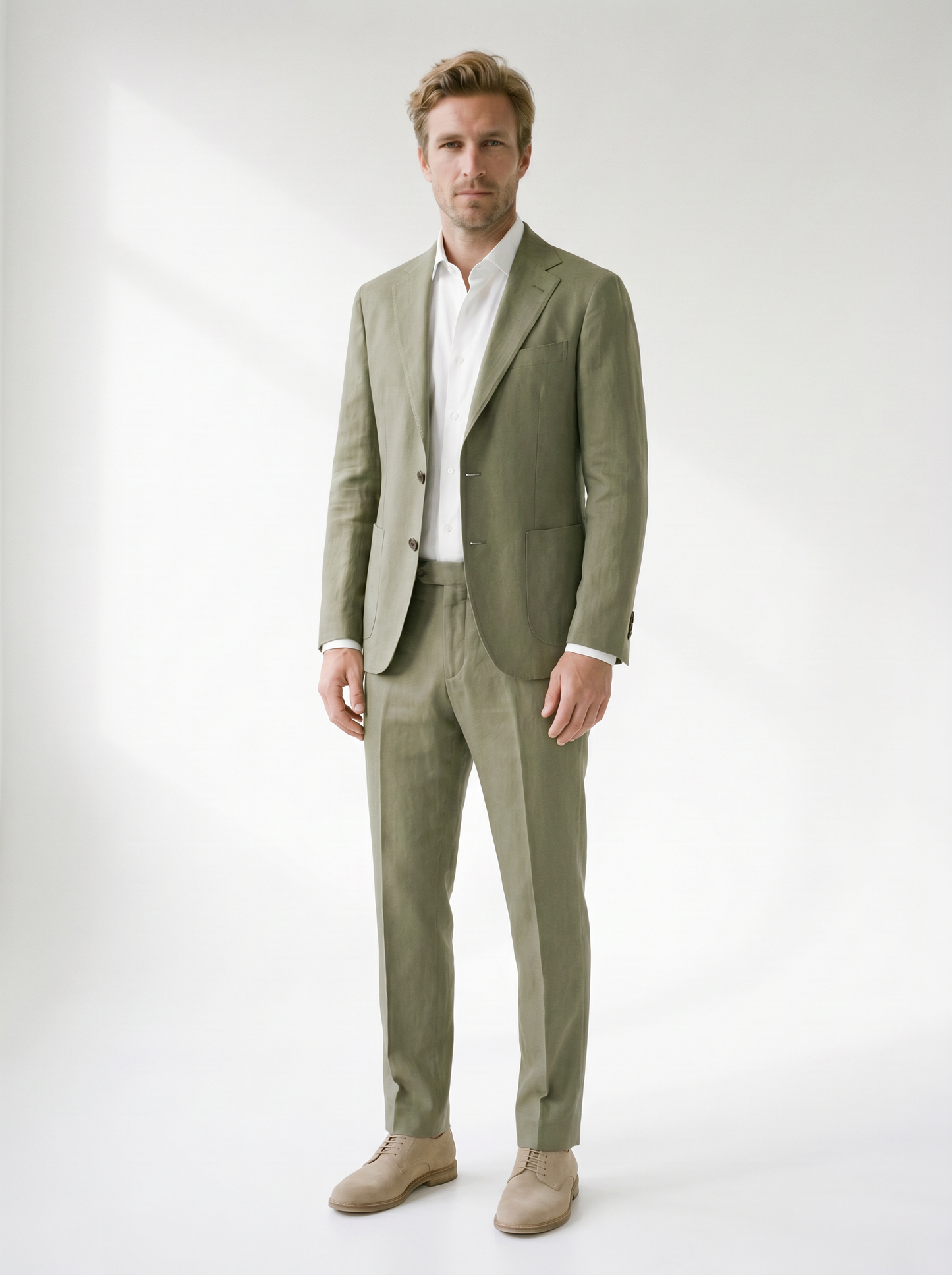 Lorenzo Linen-Look Classic Suit Set - model 03_model_three_quarter_pose_olive-green