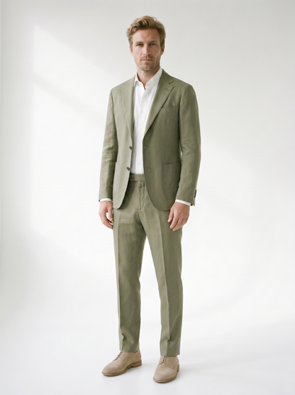 Lorenzo Linen-Look Classic Suit Set - model 03_model_three_quarter_pose_olive-green