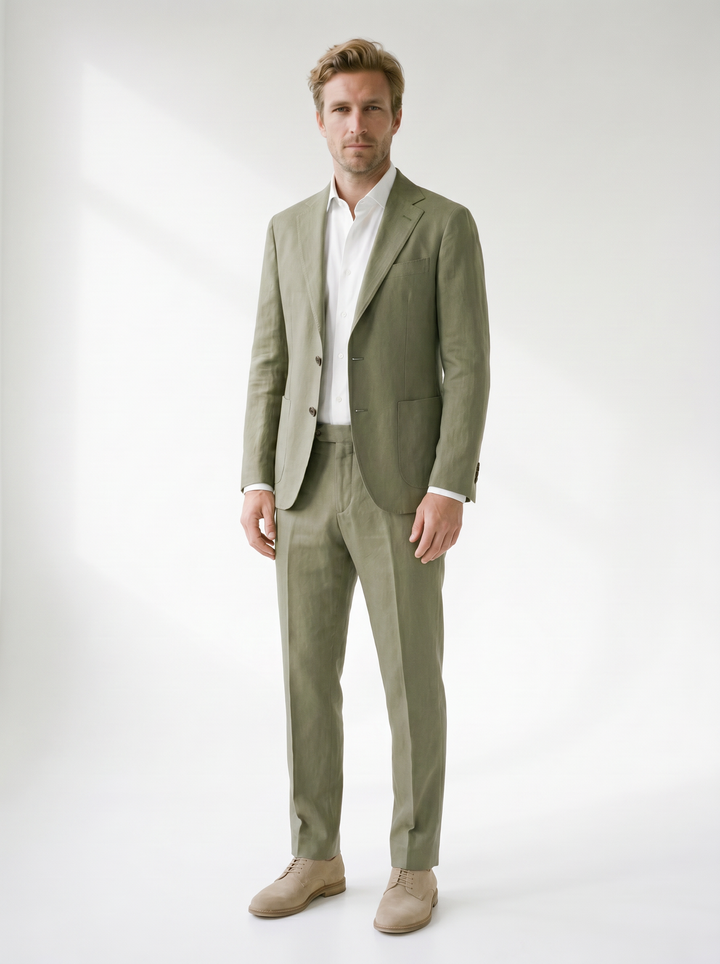 Lorenzo Linen-Look Classic Suit Set - model 03_model_three_quarter_pose_olive-green