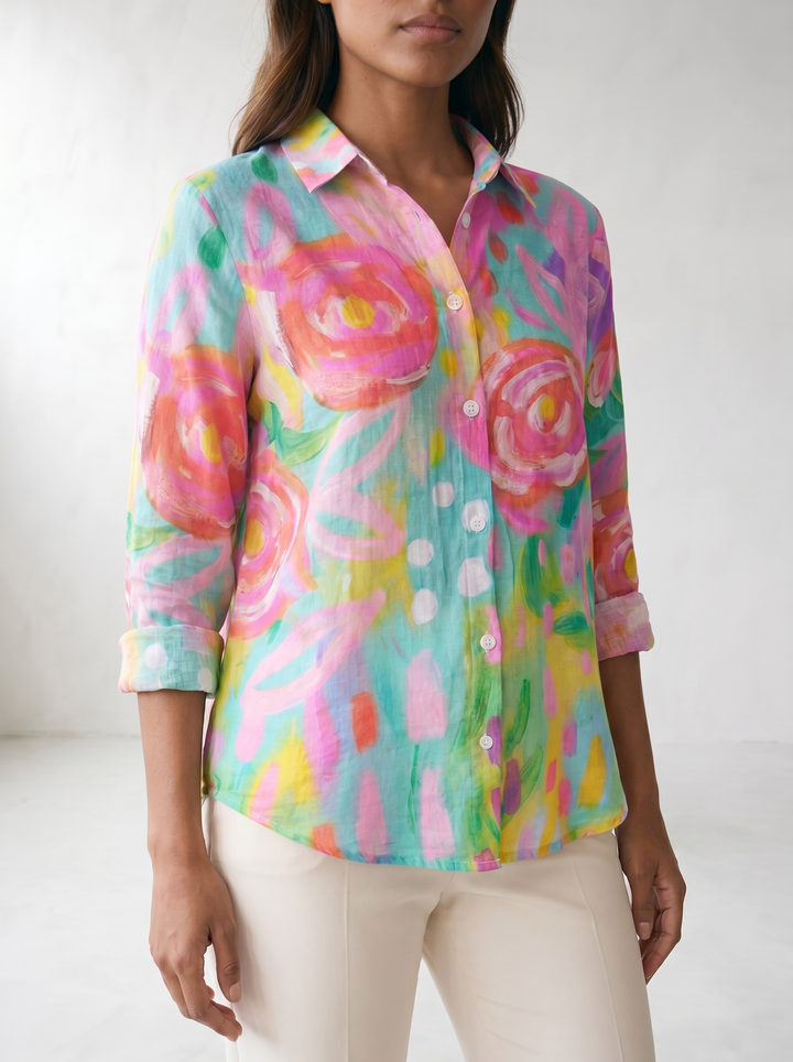 Terri Printed Button-Up Blouse - model 03_model_three_quarter_pose_pink
