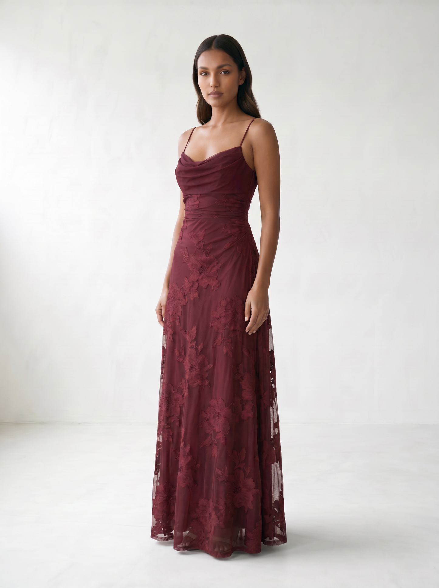 Rosalina Lace Cowl Neck Maxi Dress - model 03_model_three_quarter_pose_red