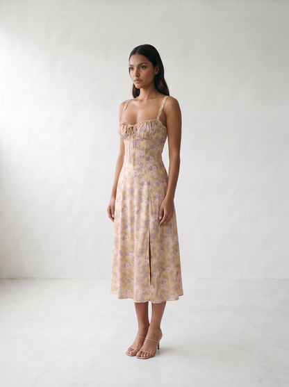 Valentina Floral Corsage Slit Midi Dress - model 03_model_three_quarter_pose_yellow