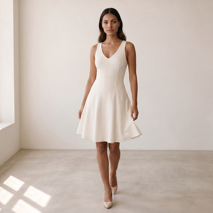 Women’s Summer Dress A-line V-neck - 03 white model walking