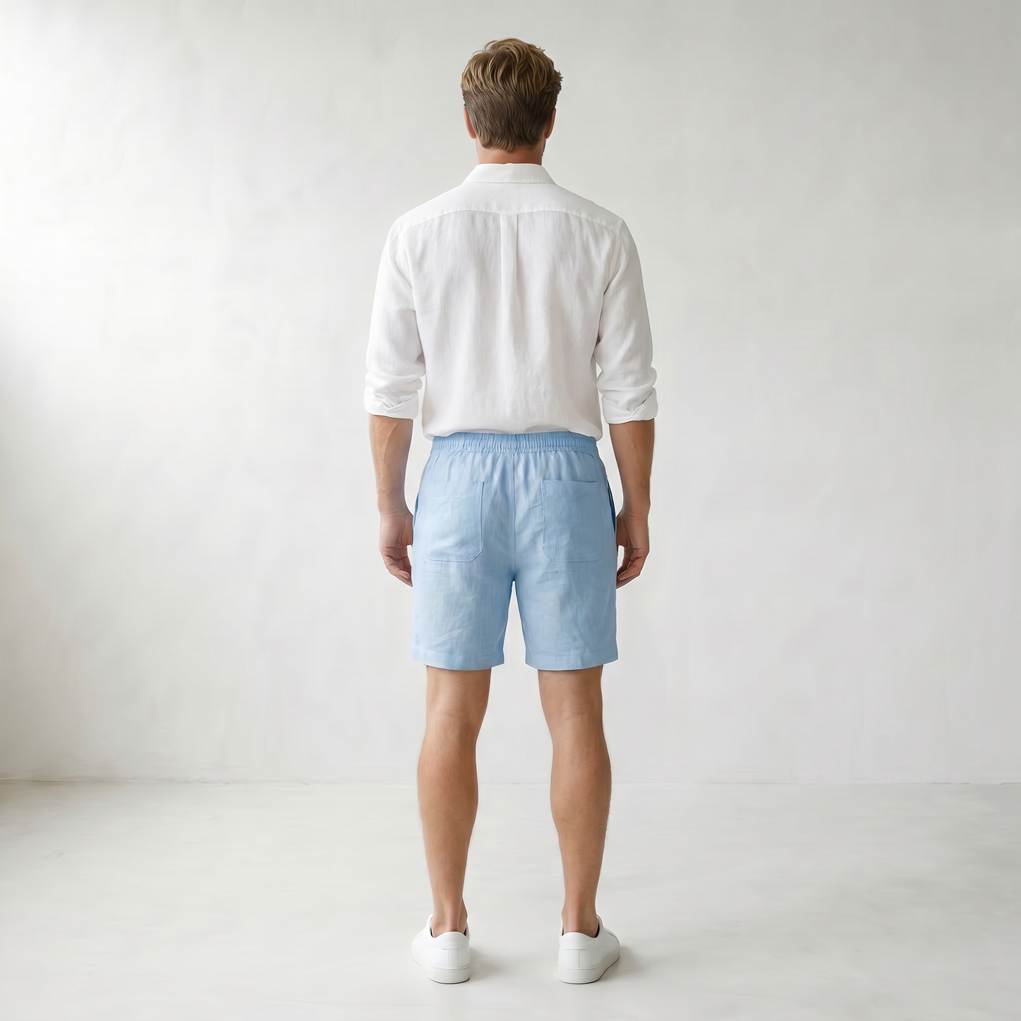 Sundrel Embry Linen Drawstring Shorts - 04 model back light-blue