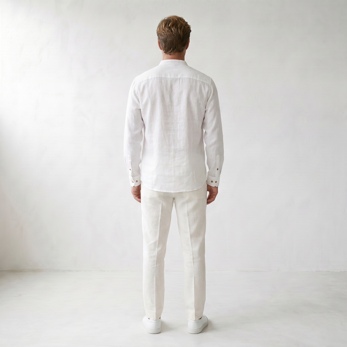 Sundrel Robert Embroidered Grandad Collar Linen Shirt - 04 model back white