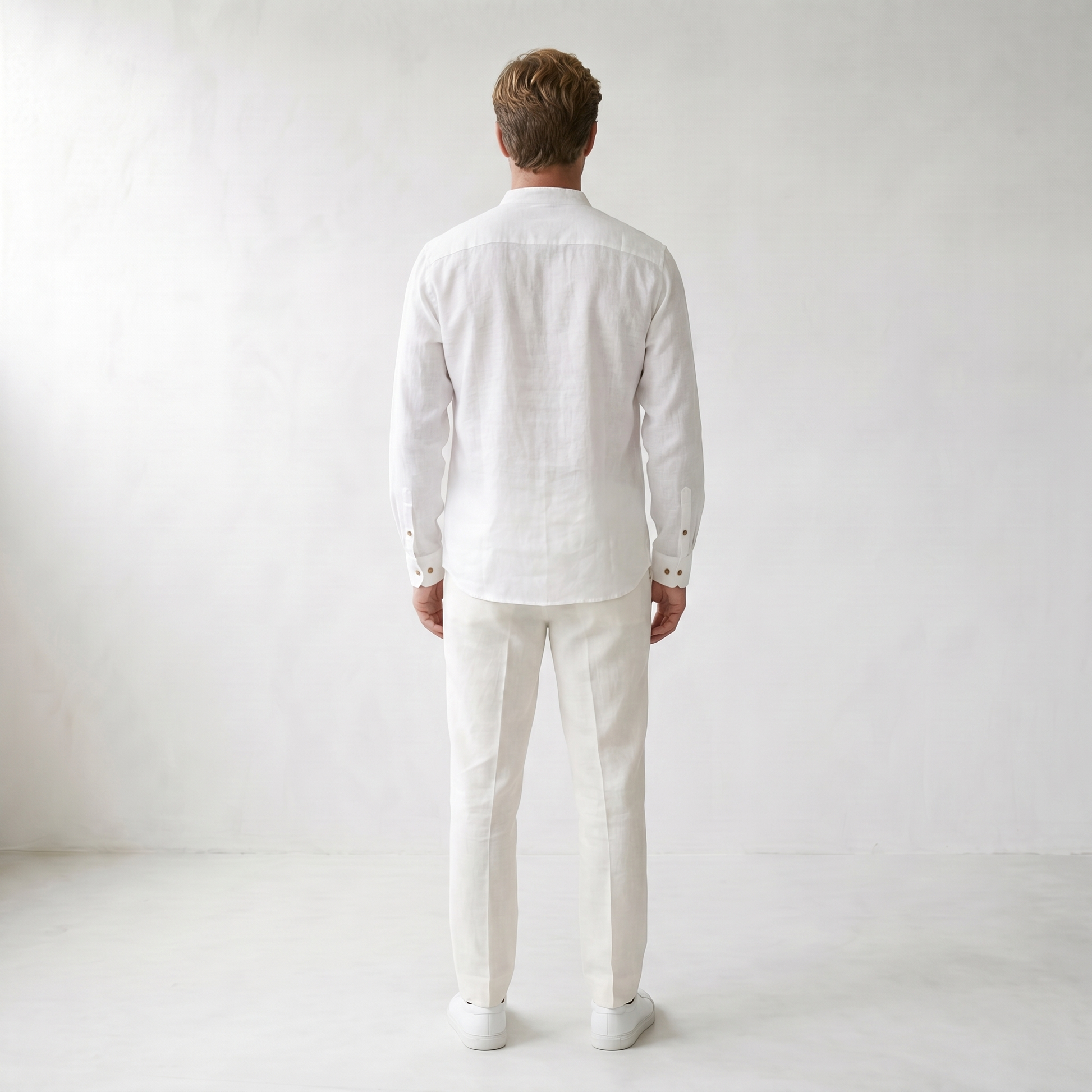 Sundrel Robert Embroidered Grandad Collar Linen Shirt - 04 model back white