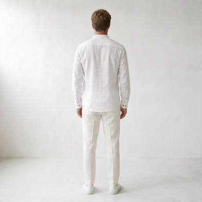 Sundrel Robert Embroidered Grandad Collar Linen Shirt - 04 model back white