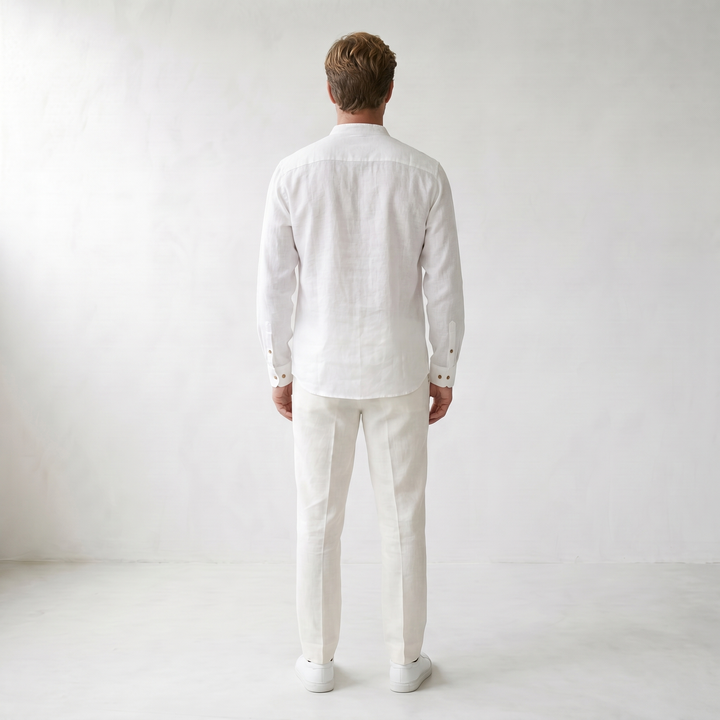 Sundrel Robert Embroidered Grandad Collar Linen Shirt - 04 model back white