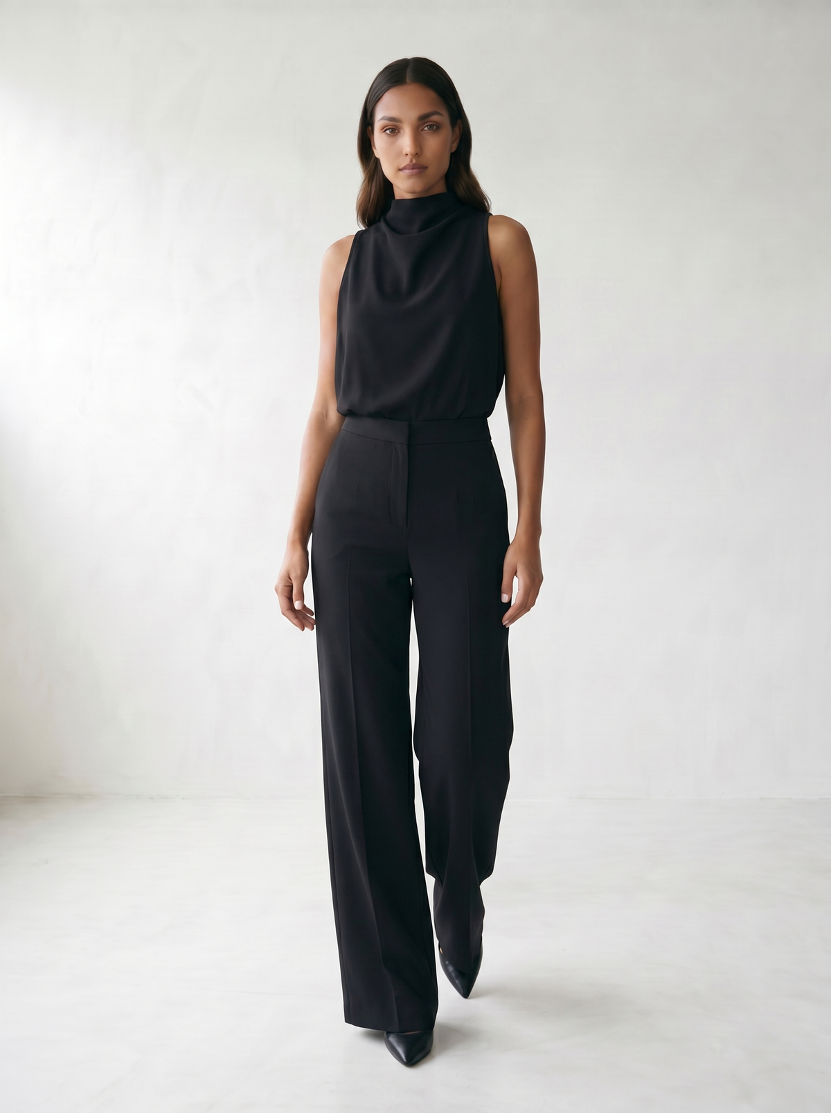 Saphirelle High Neck Wide-Leg Jumpsuit - model 04_model_soft_pose_black