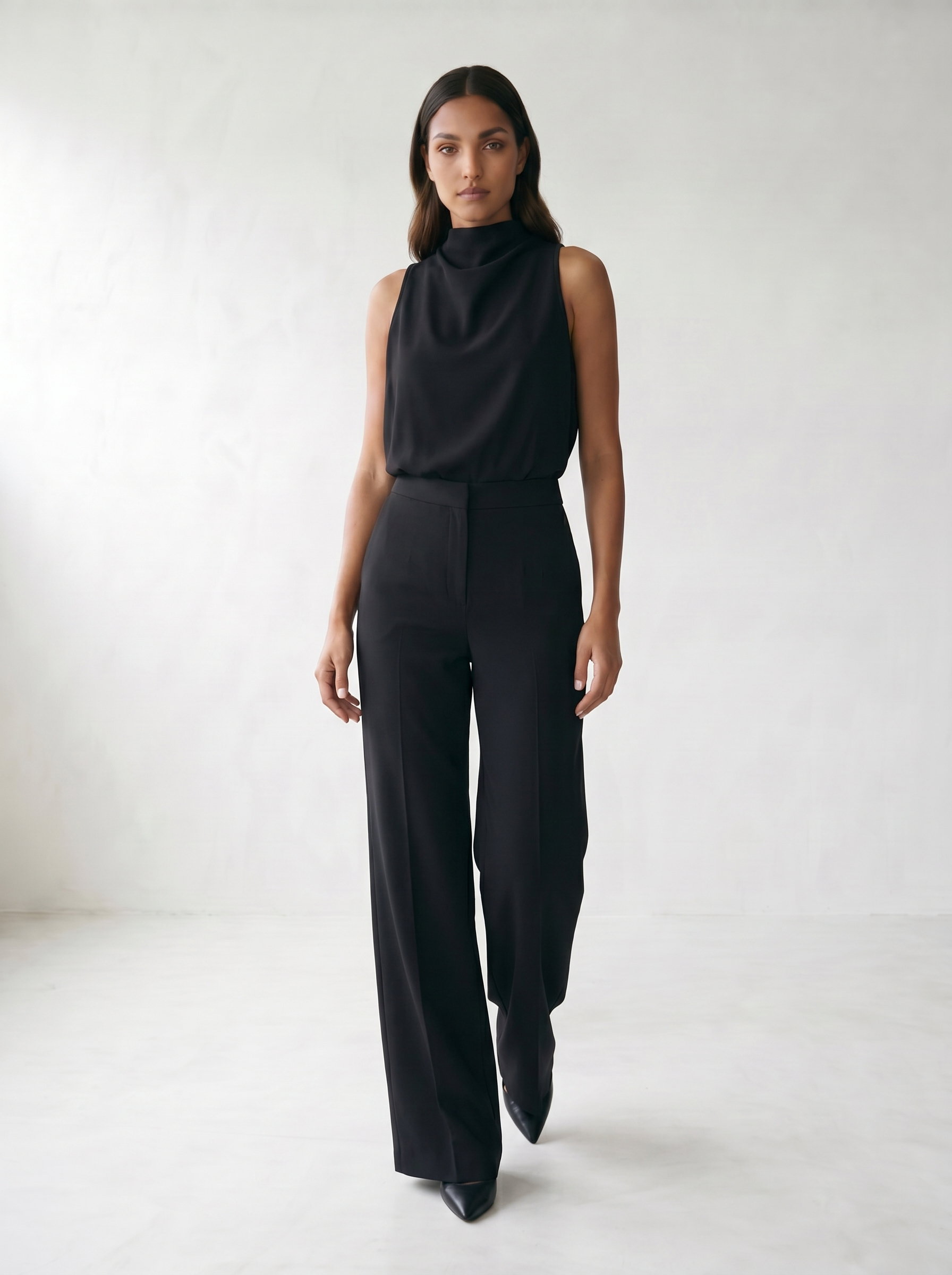 Saphirelle High Neck Wide-Leg Jumpsuit - model 04_model_soft_pose_black