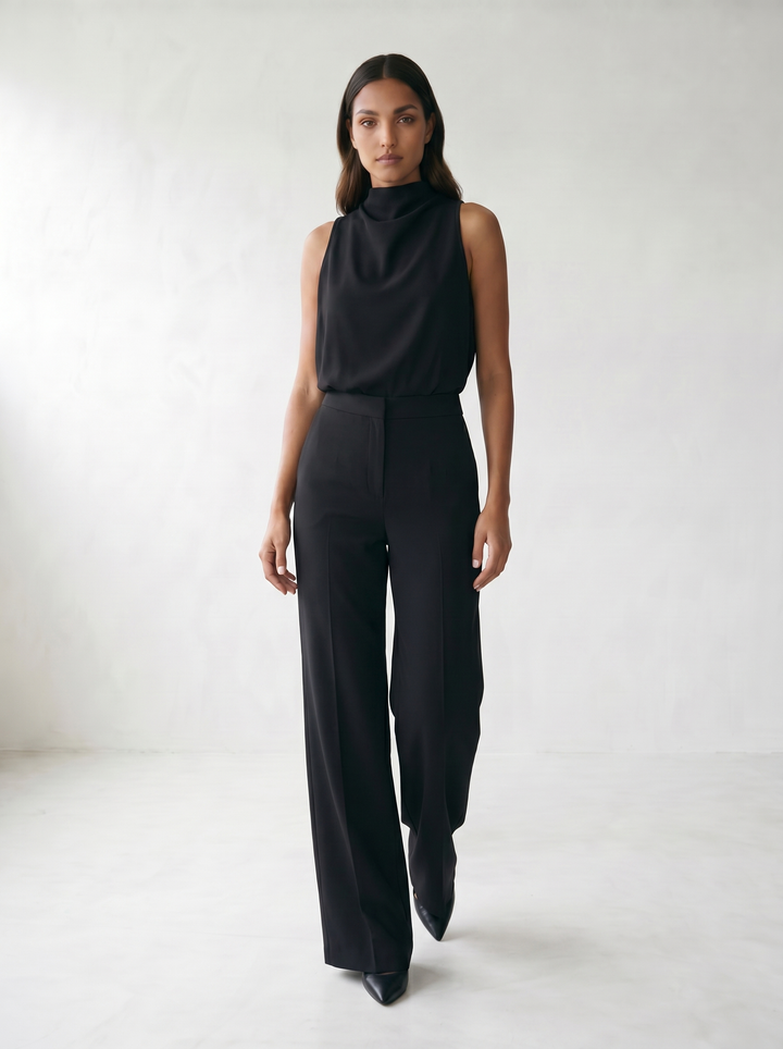 Saphirelle High Neck Wide-Leg Jumpsuit - model 04_model_soft_pose_black