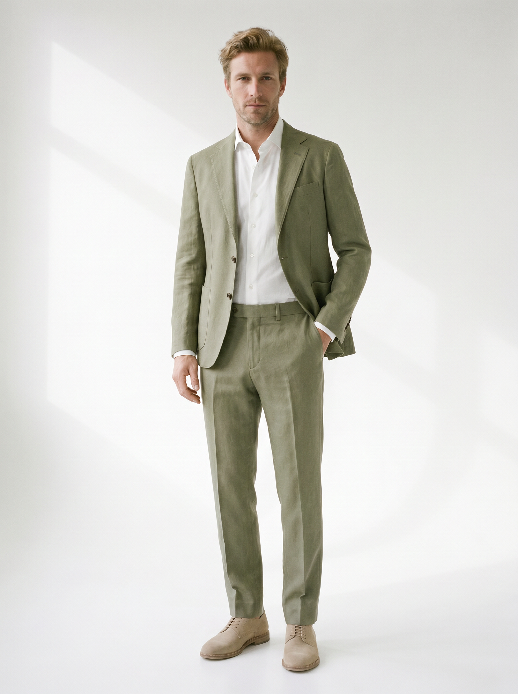Lorenzo Linen-Look Classic Suit Set - model 04_model_soft_pose_olive-green