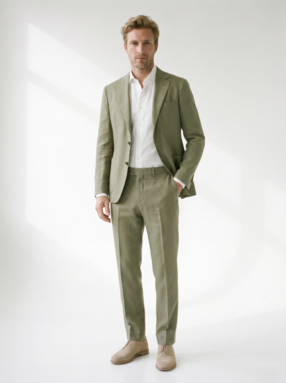 Lorenzo Linen-Look Classic Suit Set - model 04_model_soft_pose_olive-green