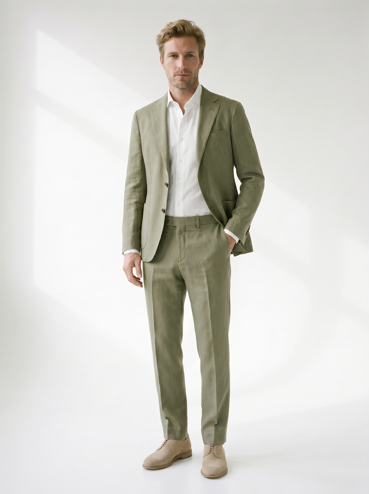Lorenzo Linen-Look Classic Suit Set - model 04_model_soft_pose_olive-green