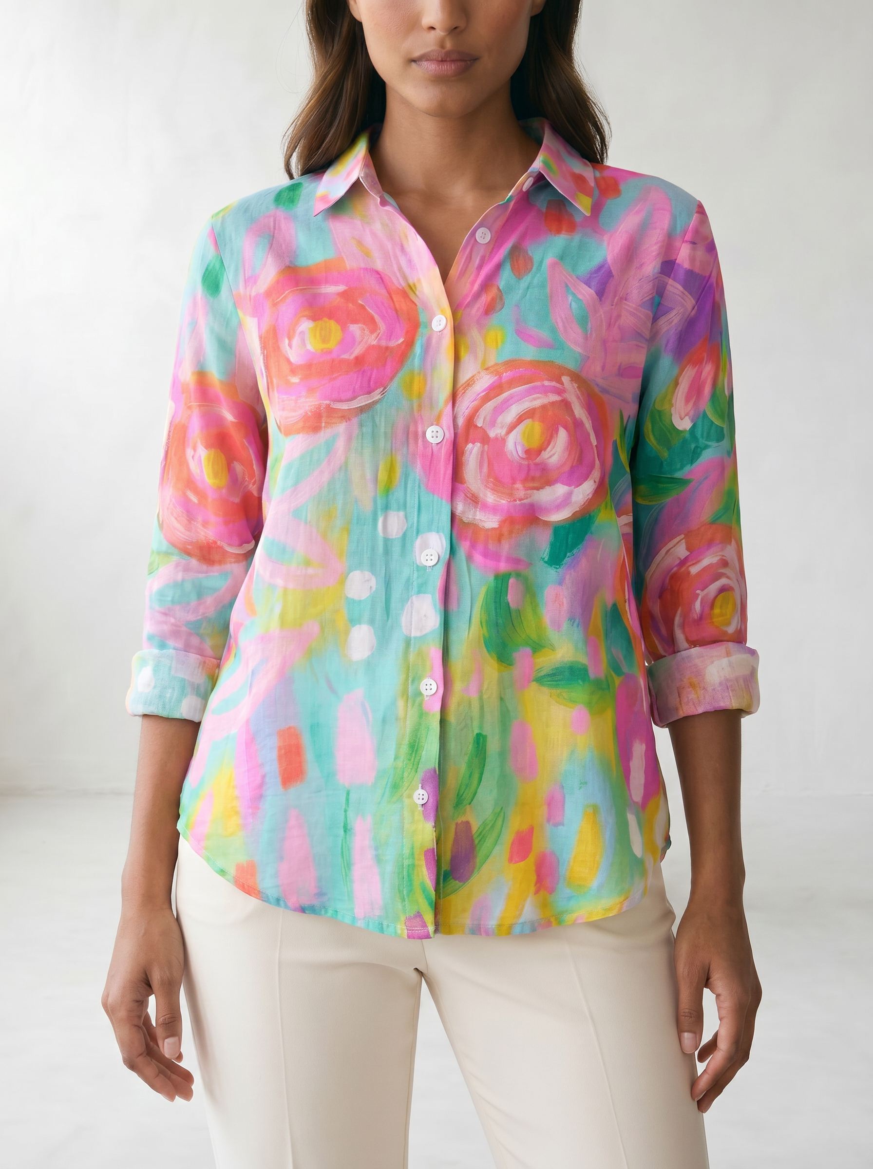 Terri Printed Button-Up Blouse - model 04_model_soft_pose_pink