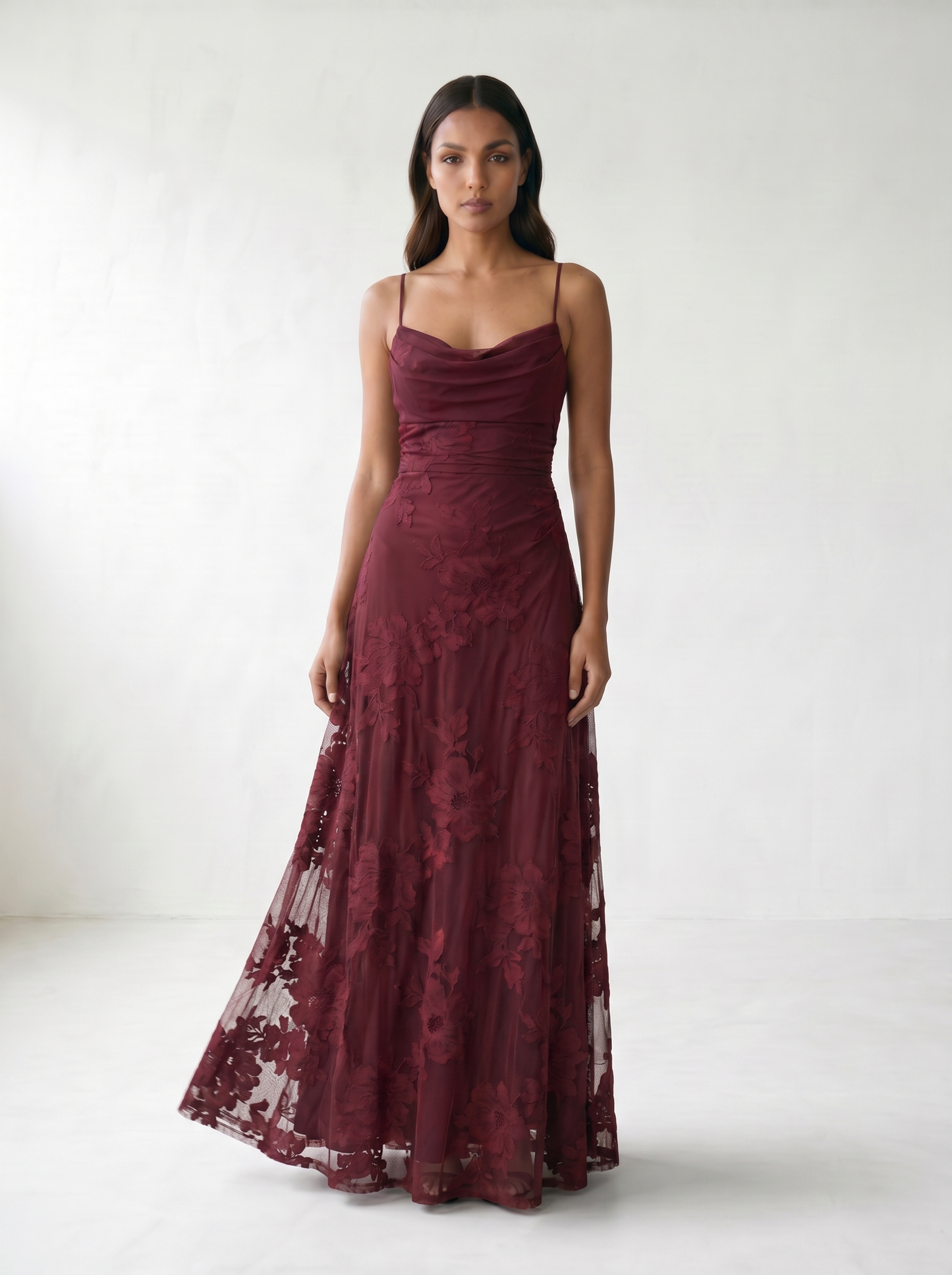 Rosalina Lace Cowl Neck Maxi Dress - model 04_model_soft_pose_red
