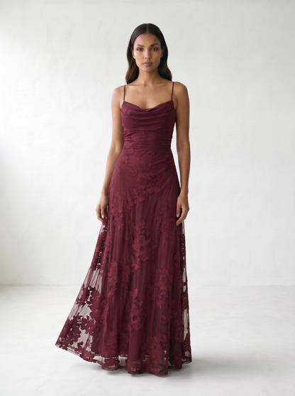 Rosalina Lace Cowl Neck Maxi Dress - model 04_model_soft_pose_red
