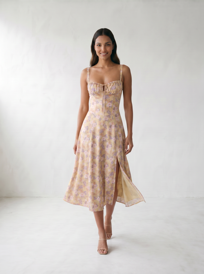 Valentina Floral Corsage Slit Midi Dress - model 04_model_soft_pose_yellow